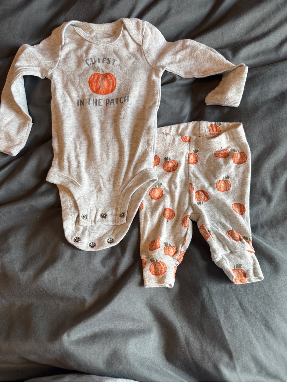 Newborn Cutest in the Patch Pumpkin One-Piece Set - Grey & Orange